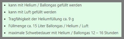 Produktmerkmale eines Natur-Luftballons: Helium, Flugzeit, Tragf&auml;higkeit