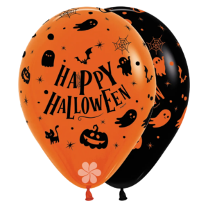 Orange und schwarze Halloween-Luftballons mit Geistern, Fledermäusen und Kürbis